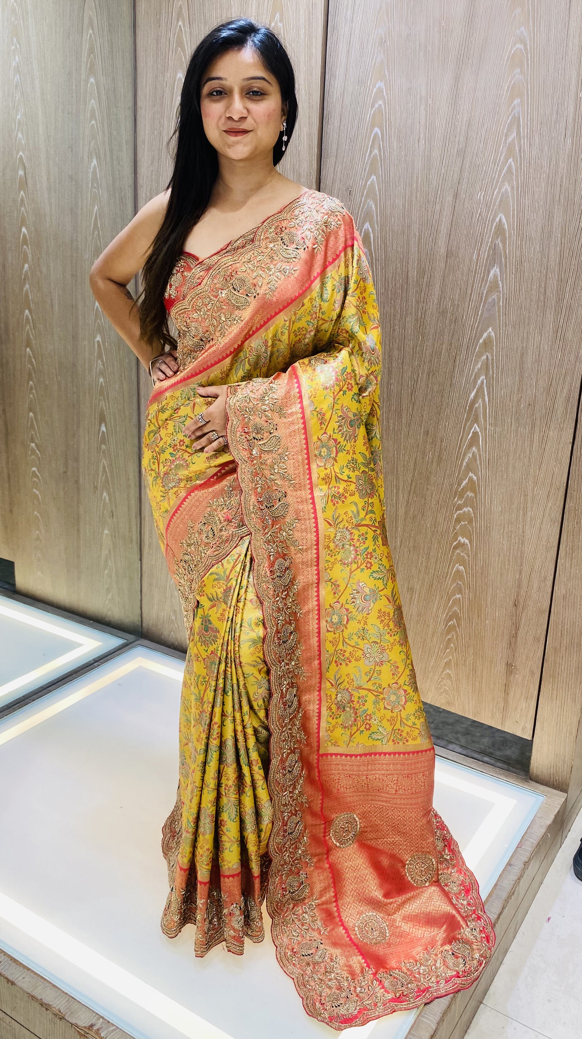 Yellow And Pink Color Hand Work Kanjiwaram Saree